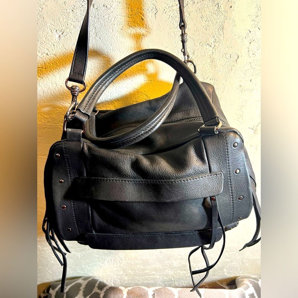 Joelle Hawkins black crossbody, 100% cowhide leather, black fringed, soft lovely